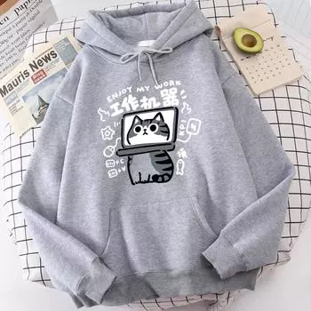 Мультяшный кот — абстрактная рабочая машина Мужской пуловер Комфорт Harajuku Wei Одежда Досуг Молодежная толстовка с капюшоном Молодежная мультяшная одежда S