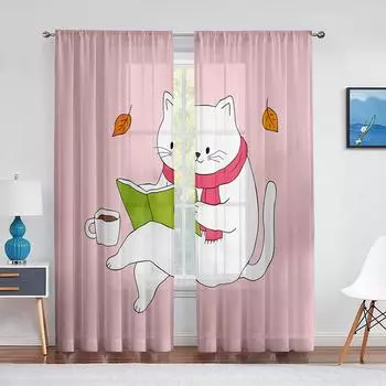 Мультяшный кот, читающий книгу, розовая прозрачная вуаль, занавеска, кавайное животное, тюль, занавески для гостиной, детской спальни, кухни, декор 1 PCS W100XH250cm&Rod Pocket