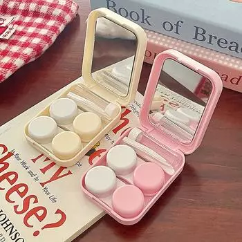 Мультяшный кот двойной футляр для контактных линз с зеркалом для девочек портативный дорожный футляр для линз с пинцетом и бутылочкой для раствора розовый