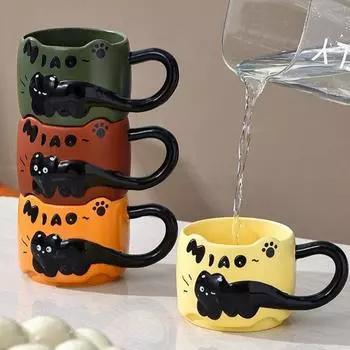 Мультяшный кот Кот Сложенные чашки Керамическая чашка для завтрака Винтажные кофейные кружки Посуда для напитков