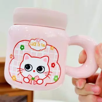 Мультяшный кот с зеркалом на крышке, керамическая кружка, милая мультяшная кружка, высокая домашняя кружка для воды для офисных девушек 480ML