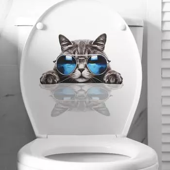 Мультяшный кот в солнцезащитных очках Туалет с ванной Фон Декоративная наклейка на стену 29*29CM/fun-m59