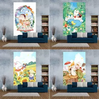 Мультяшный кролик милый подвесной тканевый гобелен для спальни, гостиной, украшение на стену дома, гобелен 100x75cm