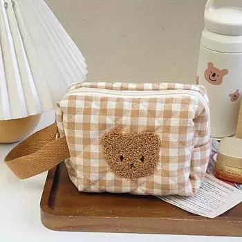 Мультяшный кудрявый медведь косметичка симпатичная нишевая женская сумка для хранения студенческая портативная большая емкость хлопковая стеганая ручная работа кофейный