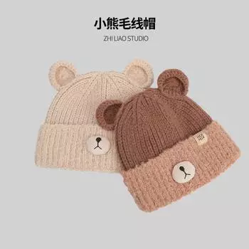Мультяшный медведь Интернет знаменитость шерстяная шапка женская осень и зима милая и симпатичная вязаная шапка универсальная родительско-детская пуловерная шапка Elastic head circumference хаки