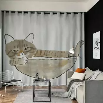 Мультяшный милый кот принт высокая затемняющая занавеска детская спальня окно занавеска крючок верхнее кольцо новый разнообразие стилей 2 панели W55 X H120cm X 2&HOOK