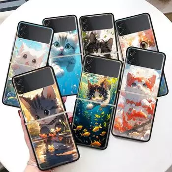 Мультяшный милый кот рыба эстетика для Samsung Galaxy Z Flip 5 4 3 5G чехол для телефона черный твердый чехол ZFlip 5 4 3 роскошный ударопрочный чехол Samsung Z Flip 5