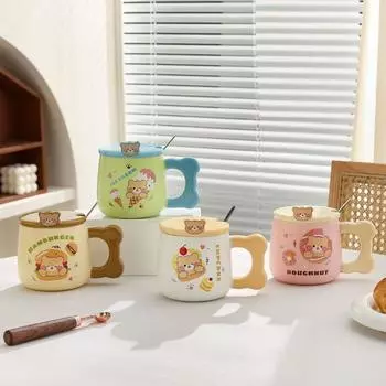 Мультяшный милый медведь керамическая чашка для питья кружка большой емкости с крышкой ложка для домашнего офиса чашка для молока кофе 440ml зелёный