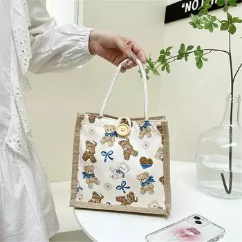 Мультяшный милый медведь льняная сумка портативная сумка для покупок студенческая женская эко сумка дорожная тканевая сумка сумка-тоут чёрный