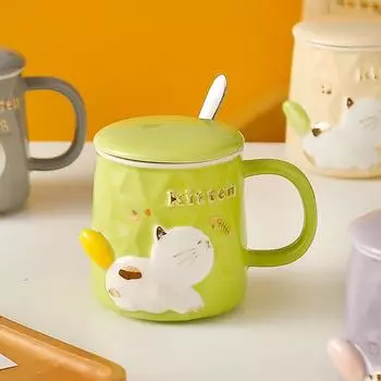 Мультяшный милый рельефный кот с крышкой ложка керамическая чашка подарочный набор кружка творческая личность стакан для воды для девочек 400ML