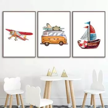 Мультяшный минималистичный постер для кемпинга, самолет, корабль, холст, живопись, принты, детская комната, детская настенная живопись, украшение Куадрос 21*30cm