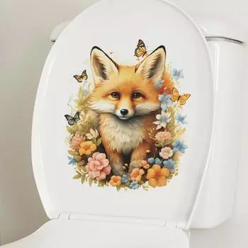 Мультяшный нарисованный лис цветы бабочка туалет с туалетным фоном макет настенные наклейки 25*29CM/fun-m74