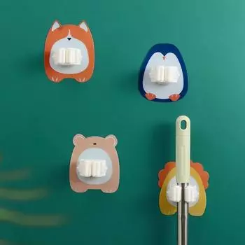 Мультяшный настенный держатель для швабрыДомашний пластиковый настенный держатель милый прочный бесшовный держатель для швабры для хранения