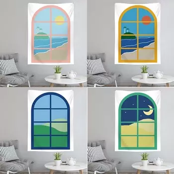 Мультяшный оконный пейзаж, фон, гобелен, украшение стены дома, гобелен, спальня, гостиная, гобелен 100x75cm