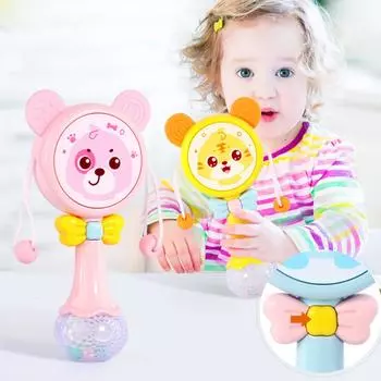 Мультяшный пеллетный барабан, встряхивающая погремушка, детский колокольчик, музыкальный свет, ритм, прорезыватель, игрушка жёлтый