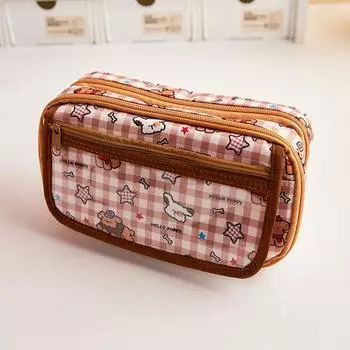 Мультяшный пенал для карандашей с щенком, пенал, дизайн в клетку, милый цвет, прозрачный передний карман, чехол для хранения канцелярских принадлежностей