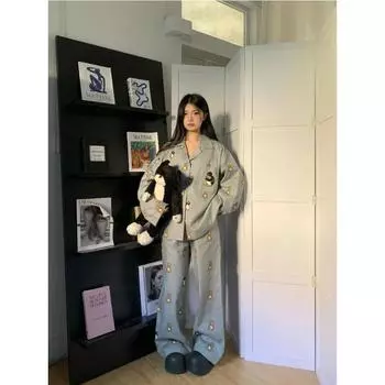 Мультяшный пингвин, маленький медведь, пижама с длинными рукавами для женщин на весну и осень, новый комплект в красном стиле от Internet S