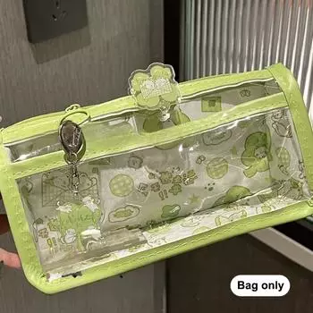 Мультяшный полупрозрачный пенал многослойный вертикальный большой емкости сумка для хранения канцелярских принадлежностей школьные принадлежности косметичка зелёный