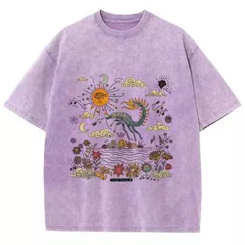 Мультяшный принт пейзажа Простой стиль Женская футболка Унисекс Стирка Круглый вырез Короткий рукав Винтажная Потертая Базовая футболка S