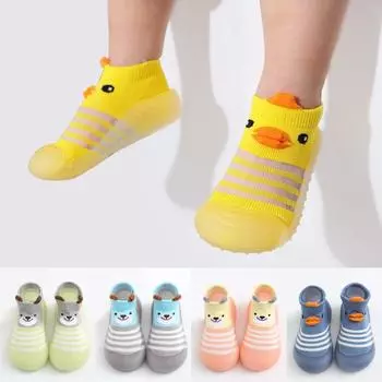 Мультяшный рисунок животного для малышей с нескользящей силиконовой подошвой детские носки-тапочки дышащие повседневные хлопковые туфли для мальчиков и девочек 5-8 months (S) жёлтый