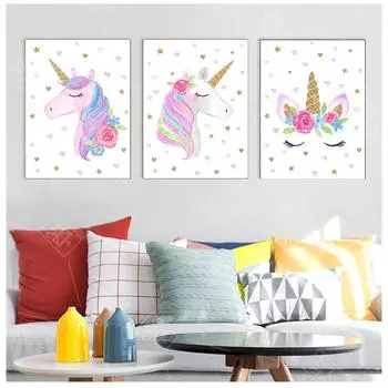Мультяшный розовый постер с единорогом, детская комната, детские принты, художественная живопись на холсте, настенные художественные фотографии, украшение для детской комнаты, без рамки 21*30cm