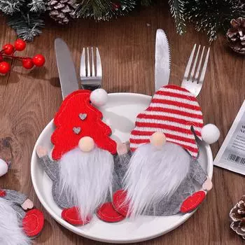 Мультяшный Санта-Клаус, рождественские украшения, креативные декоративные элементы, гном, 3D-сумка для столовых приборов, 1 шт., сумка для ножей и вилок, украшения для дома, кукла без лица Striped Hat Style