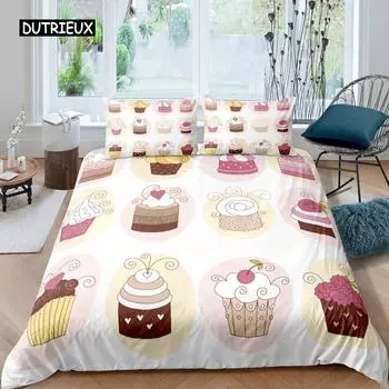Мультяшный торт король королева пододеяльник десерт кекс мороженое комплект постельного белья ребенок с днем рождения полиэстер пододеяльник детские подарки US Queen(228x228cm)