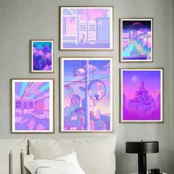 Мультяшный вид Уличные принты Плакат Ночное дерево Аниме Холст Настенное искусство HD Картина для спальни Клубная комната Модульные картины Домашний декор 21x30cm No Framed
