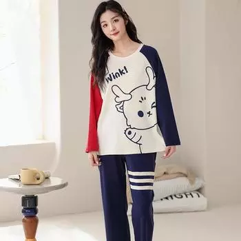 Мультяшный женский пижамный комплект, милая кавайная пижама, повседневная, с длинными рукавами, длинные брюки, осень-зима, мягкая пижама, уютная пижама для девочек M