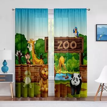 Мультяшный зоопарк тема оконные тюль занавески животные дикая природа тигр панда прозрачная вуаль занавеска для детской спальни гостиная домашний декор 1 PCS W100XH250cm&Rod Pocket