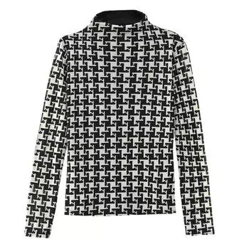 Женская футболка в клетку из тутового шелка с длинным рукавом и полувысоким воротником, прилегающая базовая футболка, весенне-осенний стиль, омолаживающий слим-топ из сетки M