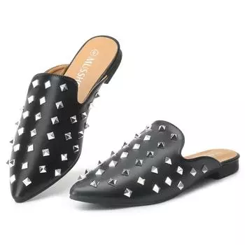 Мюли для женщин Сексуальные повседневные полутапочки Универсальные плоские сандалии Мюли Новые заостренные носки с заклепками Женские тапочки 8