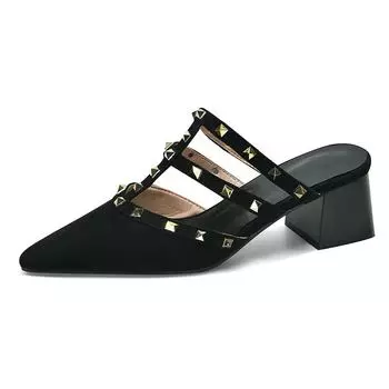 Мюли Krazing Pot из флока с острым носком и открытой пяткой, летние женские сандалии на толстом среднем каблуке с металлическими заклепками 34 абрикосовый