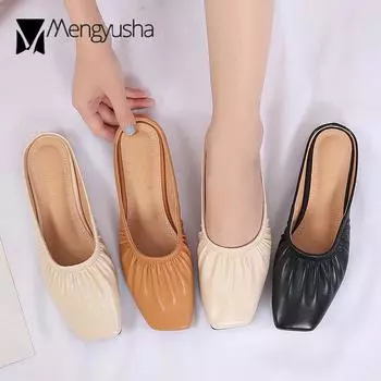 Мюли с квадратным носком женские плиссированные тапочки из искусственной кожи женские сандалии pantuflas de mujer плоские однотонные закрытые носки большой размер 5 чёрный