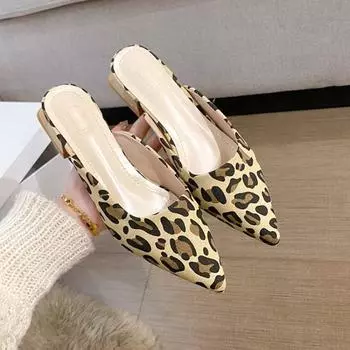 Мюли с леопардовым принтом для женщин, zapatos de punta estrecha poco profundos, Sandalias неофициальные де такон бахо для экстерьера, 2024 г. 35 бежевый