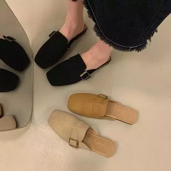 Мюли тапочки для женщин 2024 осень весна новые модные толстые низкие каблуки женские туфли верхняя одежда для девочек квадратная голова ленивые полутапочки 35 бежевый