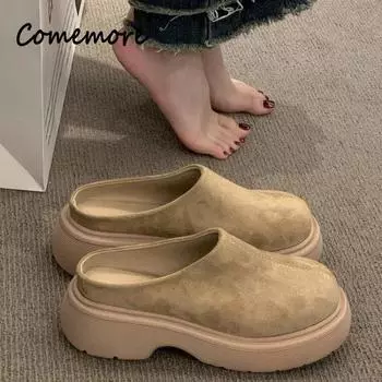 Мюли Тапочки Женская обувь Хаки Повседневные тапочки Плоские закрытые носки Мокасины на платформе Удобные универсальные женские пантофле 35 хаки