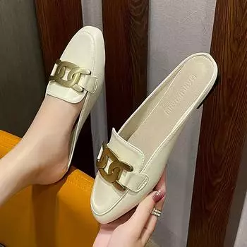 мюли туфли квадратный нос металлические цепи тапочки женская плоская каблук обувь для отдыха 41 42 большой размер полуприцепные сандалии для женщин 4.5 бежевый