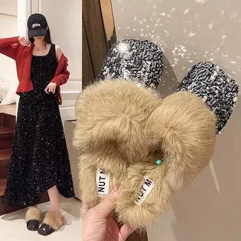 Мюли женские тапочки 2024 тренд меховые теплые мягкие женские туфли с квадратным носком балетки повседневная домашняя хлопковая обувь зимние удобные ботинки для ходьбы 35 чёрный