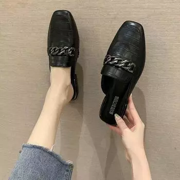 Muller обувь женская весна-лето 2024 новые тапочки baotou полутапочки с металлической цепочкой в тон квадратной головкой личи узор женские 35 чёрный