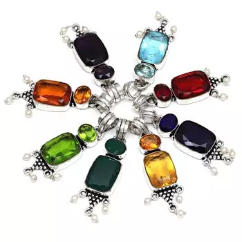 Multi Color Cut Stone Gemstone Silver Jewelry Pendant 2.5
