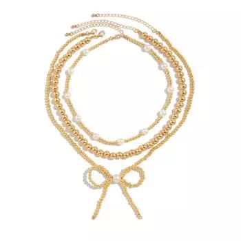 Multi-layer Imitation Pearl Clavicle Chain Charm Bowknot Pendant Choker Summer Style 2 Gold