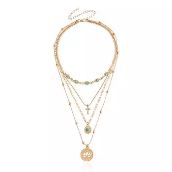 Multi-layer Small Hole Chain Hollow Flower Diamond Cross Pendant Necklace Female