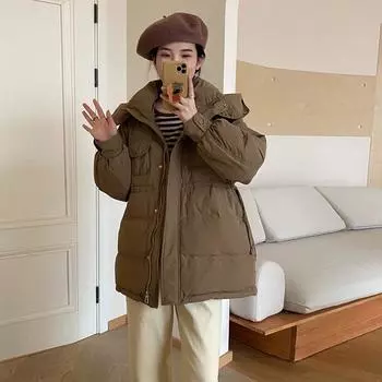 Multi-pocket fashion down jacket women s short 2024 winter coat thickened waist thin warm jacket large size S