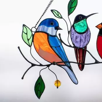 Multicolor Birds On Wire Window Panel Hanging Decor 4 Birds