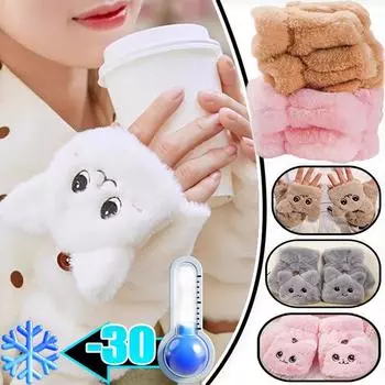 Multicolor Warm Fingerless Gloves Lovely Cartoon Cat Soft Furry Mittens Autumn Winter Plush Thick Flip Thermal Half Finger Glove One Size
