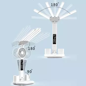 Multifunction 3 Color LED Table Lamp Four Headed Folding With Fan Clock Desk Lamp USB Charging Reading Night Light