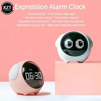 MultiFunction Table Clock Expression Alarm Clock Pixel Alarm Clock Bedside Kids Night Wake Up Light Smart Alarm Clock Children белый