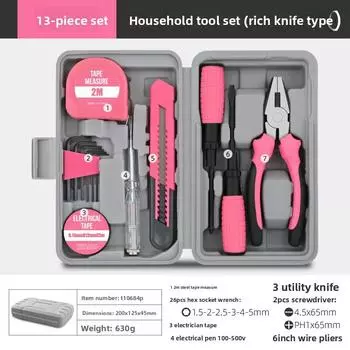 Multifunctional Household Toolbox Hardware Tools Daquan Combination Tape Measure Manual Maintenance Tool Set Hardware Pink 13 pieces [utility knife model]