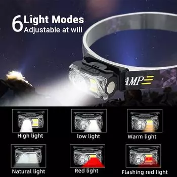 Multifunctional LED Induction Headlight Rechargeable with 6 Lighting Modes Outdoor Waterproof Emergency Spotlight Flashlight